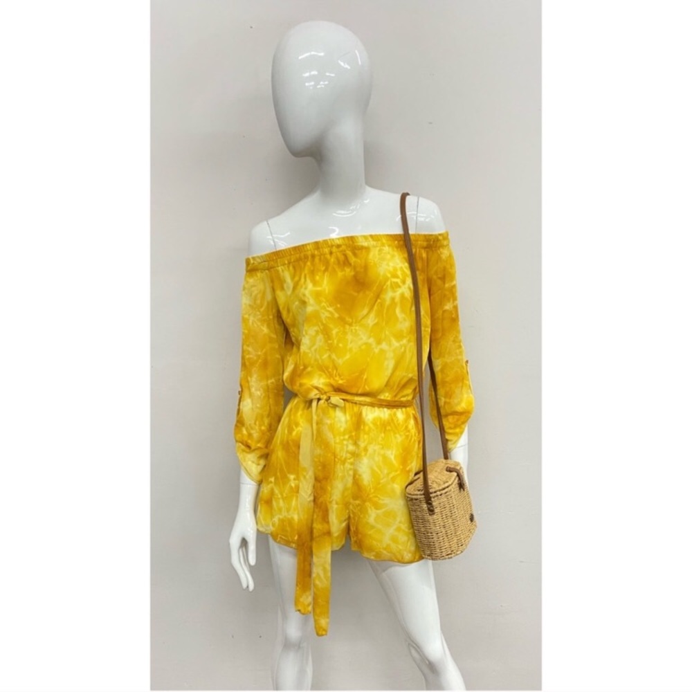 Sunflower Yellow Tie-Dye off the shoulder Romper - Picture 3 of 9